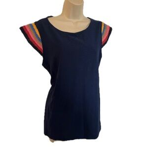 True Craft Navy Top with Crochet Multicolor Sleeves - NWT - Size Large!